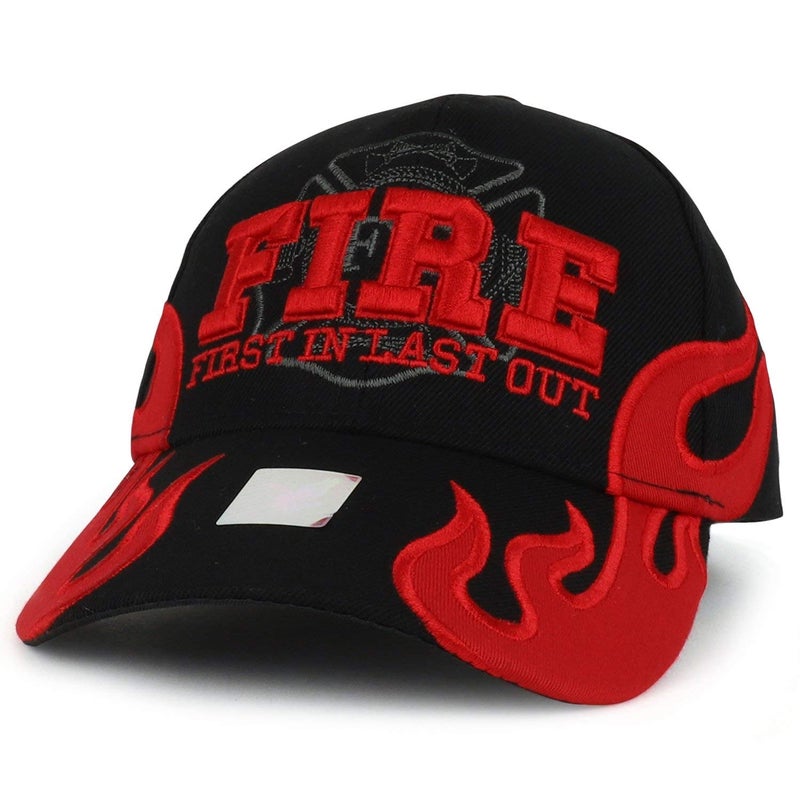 AborenCo Fire Department - First in Last Out, Fireman Officer Gear, Uniform Baseball Cap Hat, Adjustable (Black & Flame) - Image 1